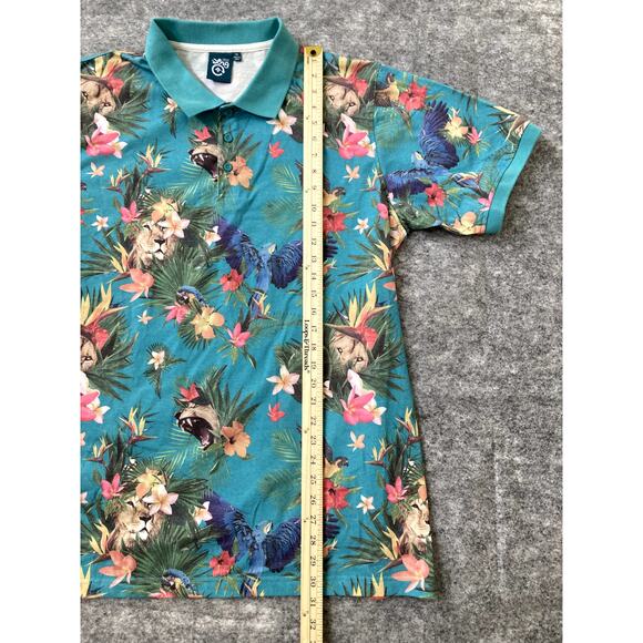 Jungle Animal Polo Shirt Mens 2XL AOP Teal Flowers Hawaiian - Picture 4 of 9